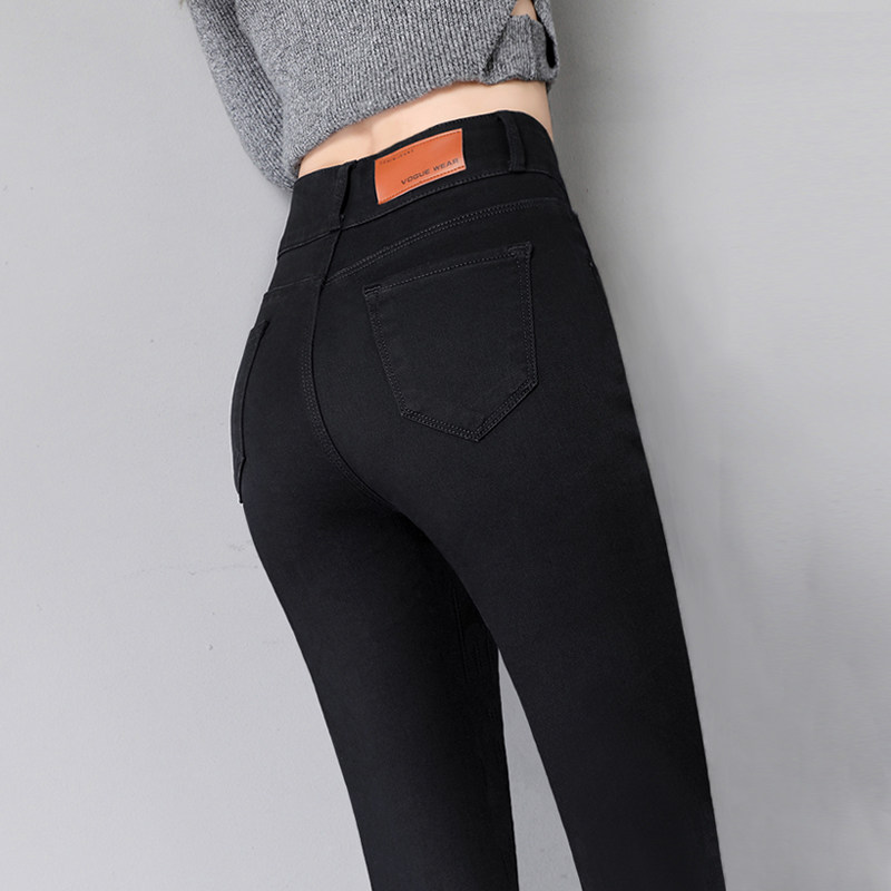 黑色牛仔裤女秋冬九分裤2021年春秋新款大码高腰显瘦加绒小脚长裤