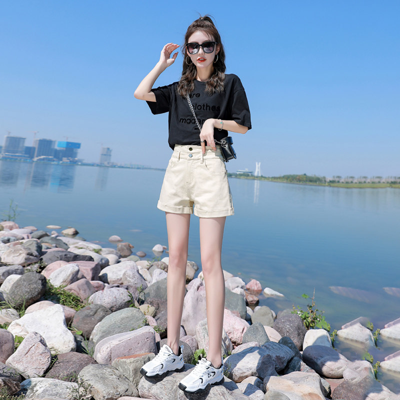 杏色牛仔短裤女高腰2022年新款夏韩版显瘦休闲A字白色阔腿短裤热