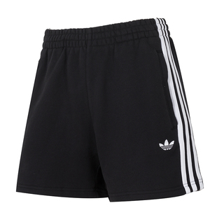 adidas阿迪达斯三叶草拉绳腰身五分裤夏棉女三条纹针织短裤JW5109