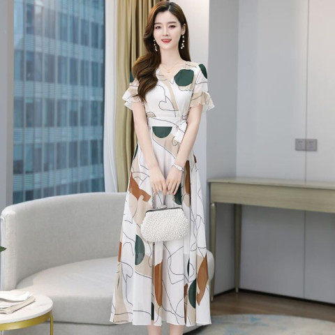 连衣裙夏装女长裙2026新款收腰显瘦气质女神范短袖白色仙女裙子潮