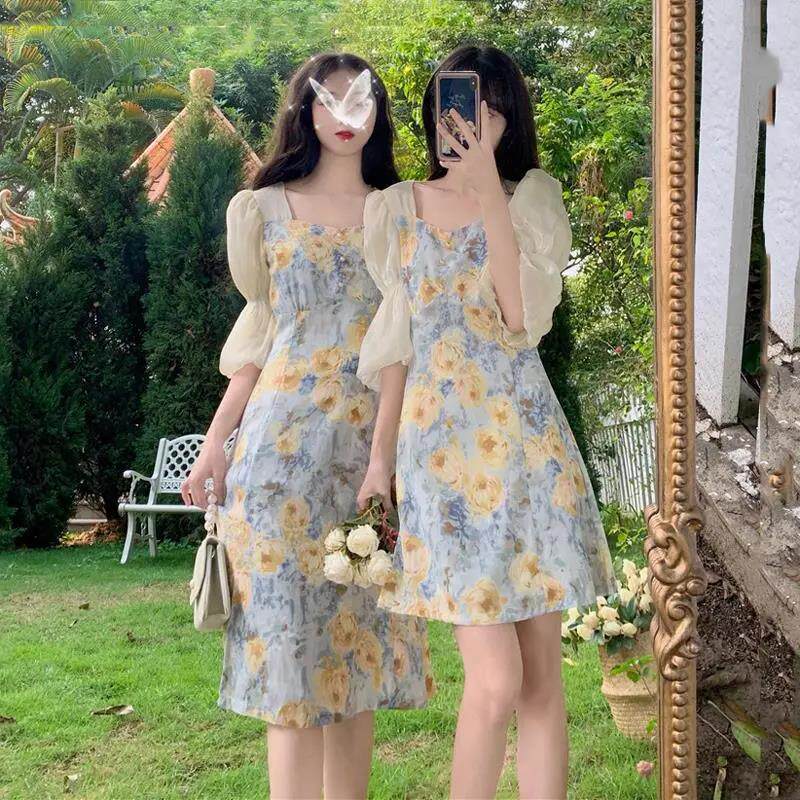 夏季新款甜美碎花气质很仙的中长款收腰显瘦闺蜜短袖连衣裙女