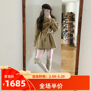 韩系温柔风高级感加厚大衣2025新款冬季卡其色立领短款毛呢外套女