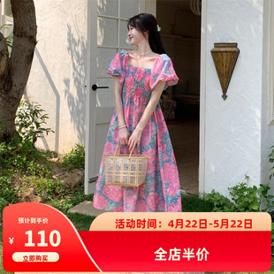 大码连衣裙女夏海边度假风宽松减龄胖mm遮肚子法式泡泡袖碎花长裙
