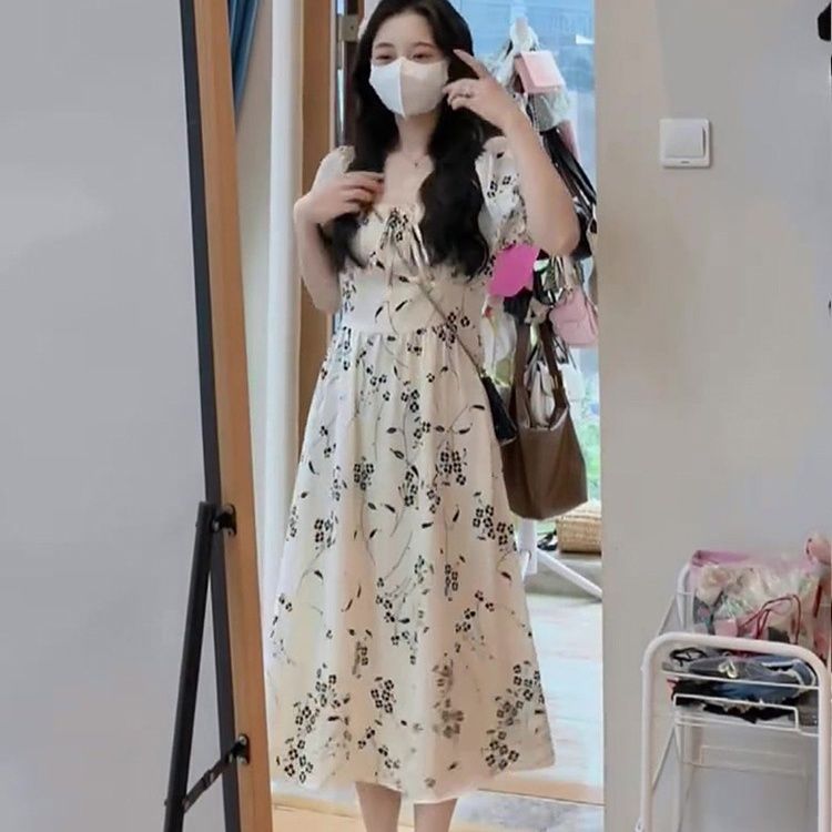 夏季新款微胖显瘦减龄法式桔梗初恋茶歇温柔碎花连衣裙子
