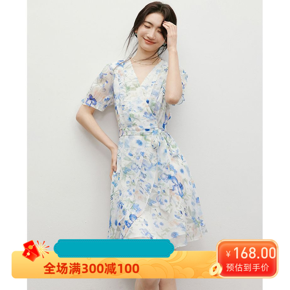 红袖甜美碎花连衣裙2026夏季新款女装海蓝花屿泡泡袖雪纺裙图片