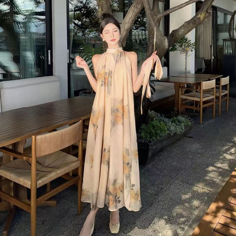 中式印花挂脖背心裙女夏季度假风宽松显瘦连衣裙长裙子