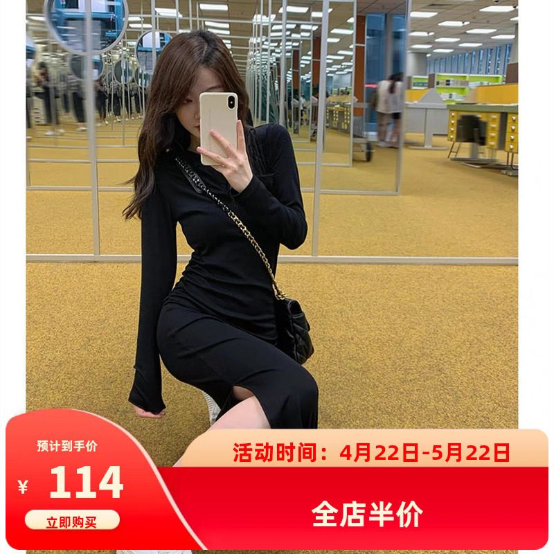 韩系修身显瘦连帽长袖卫衣连衣裙女春秋薄款中长款气质包臀裙子