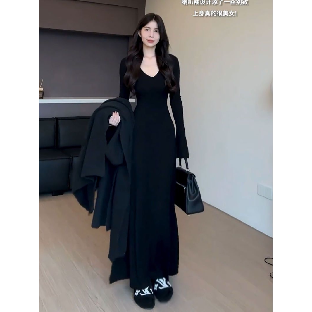 法式高级感长款连衣裙女秋冬新款时尚收腰修身显瘦内搭打底包臀裙