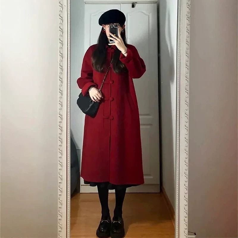 红色呢子大衣女2026秋冬新款韩系爆款小个子赫本风中长款毛呢外套