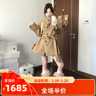 韩系温柔风高级感加厚大衣2025新款冬季卡其色立领短款毛呢外套女
