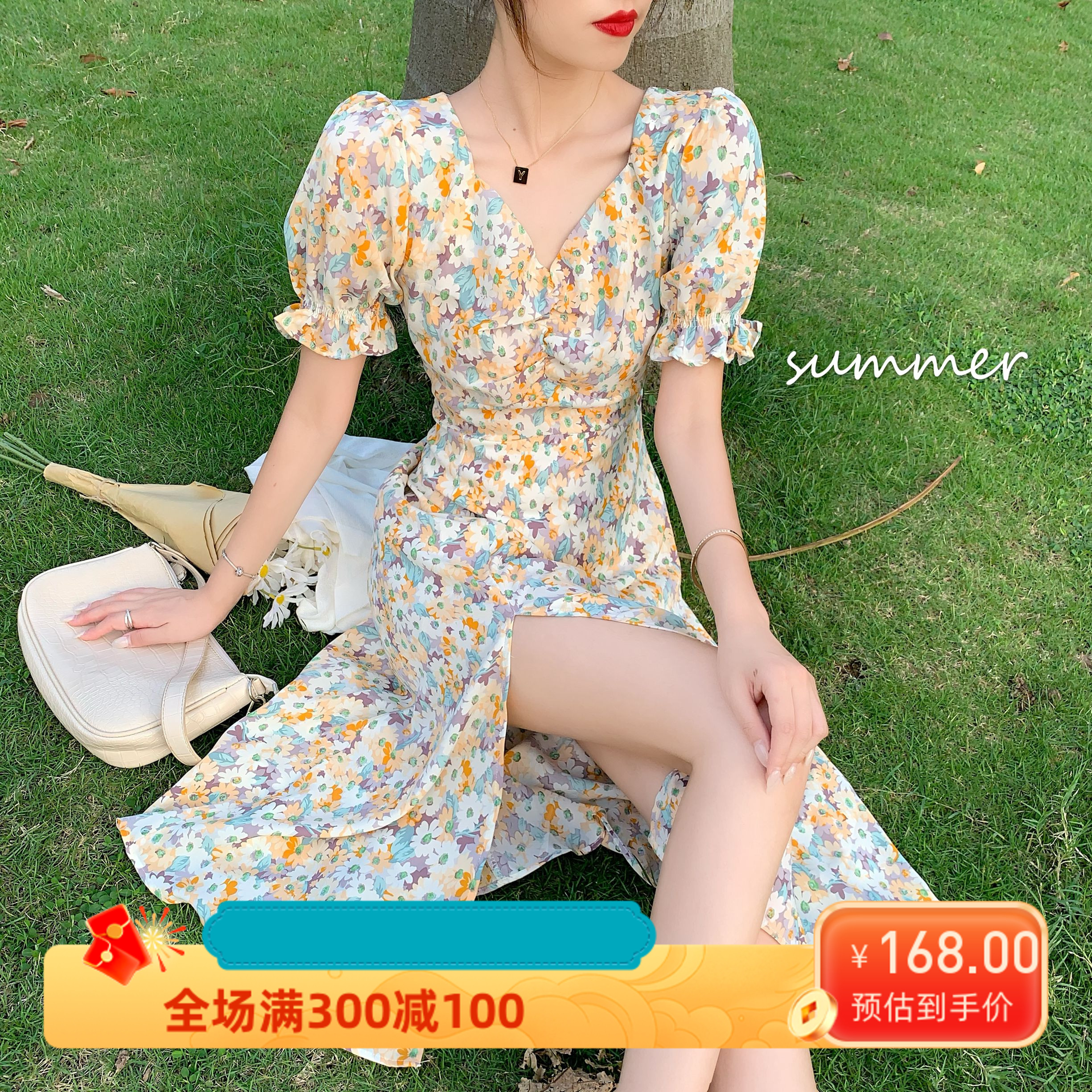 雪纺夏天泡泡袖短袖v领碎花连衣裙女法式气质中长款开叉a字茶歇裙