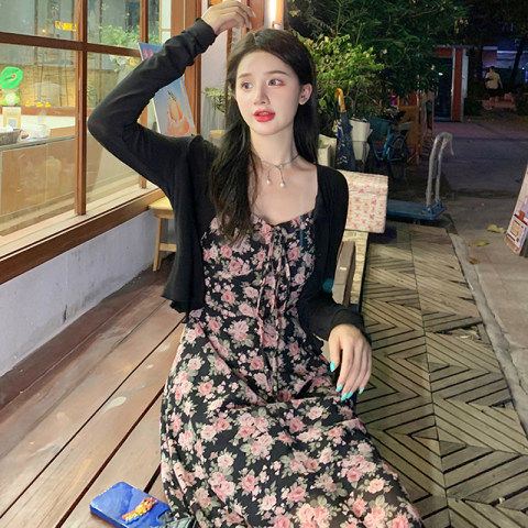 原版原质量内衬+拉链大码女装时尚夏胖妹妹黑色吊带碎花连衣裙