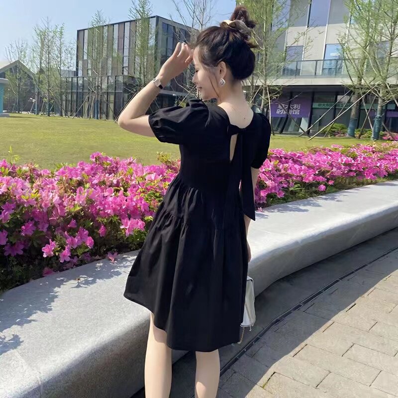连衣裙女夏新款韩版中长款法式宽松方领赫本风蝴蝶结裙子显瘦