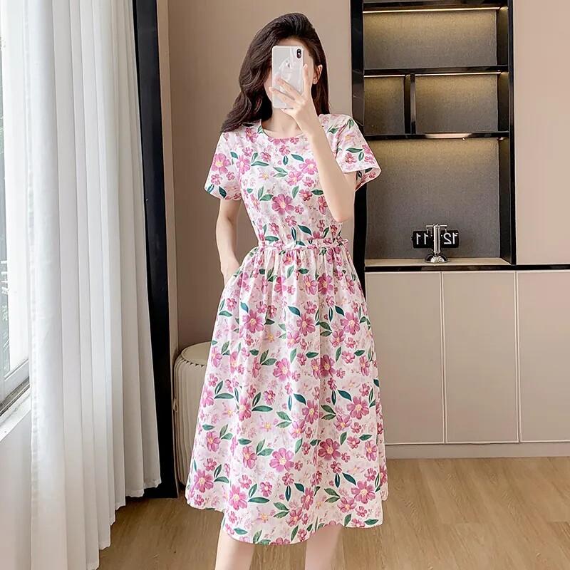 高档连衣裙女中长款2026夏季新款短袖小碎花宽松显瘦洋气减龄裙子