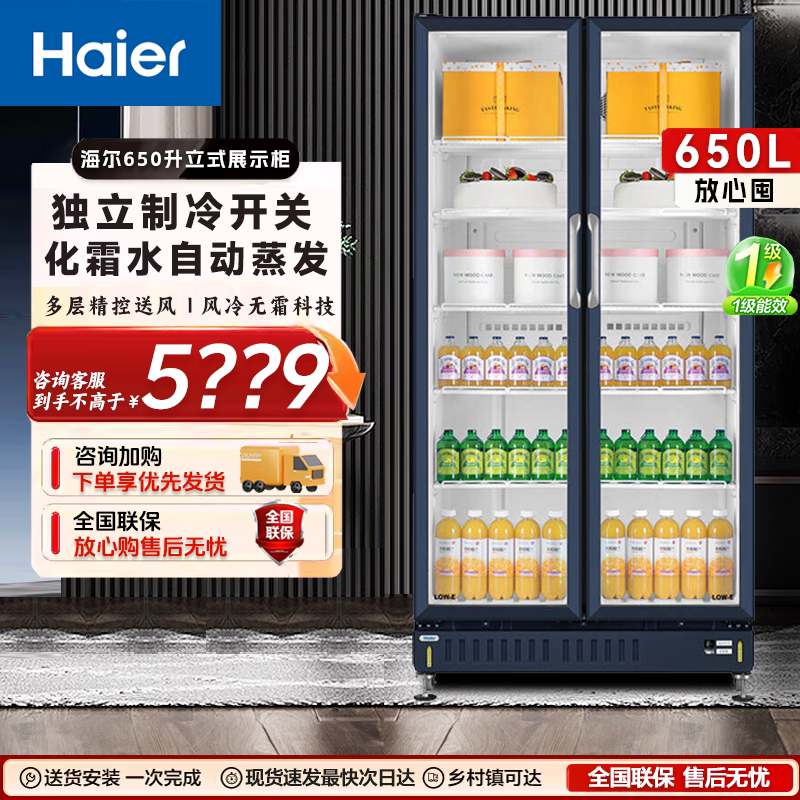 海尔展示柜冷藏保鲜柜商用大容量冰柜家用水果饮料啤酒立式650