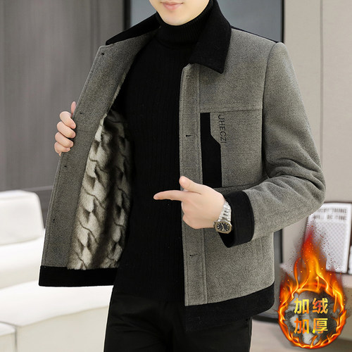 秋冬季新款毛呢大衣男高端帅气短款加绒加厚保暖翻领夹克休1224n