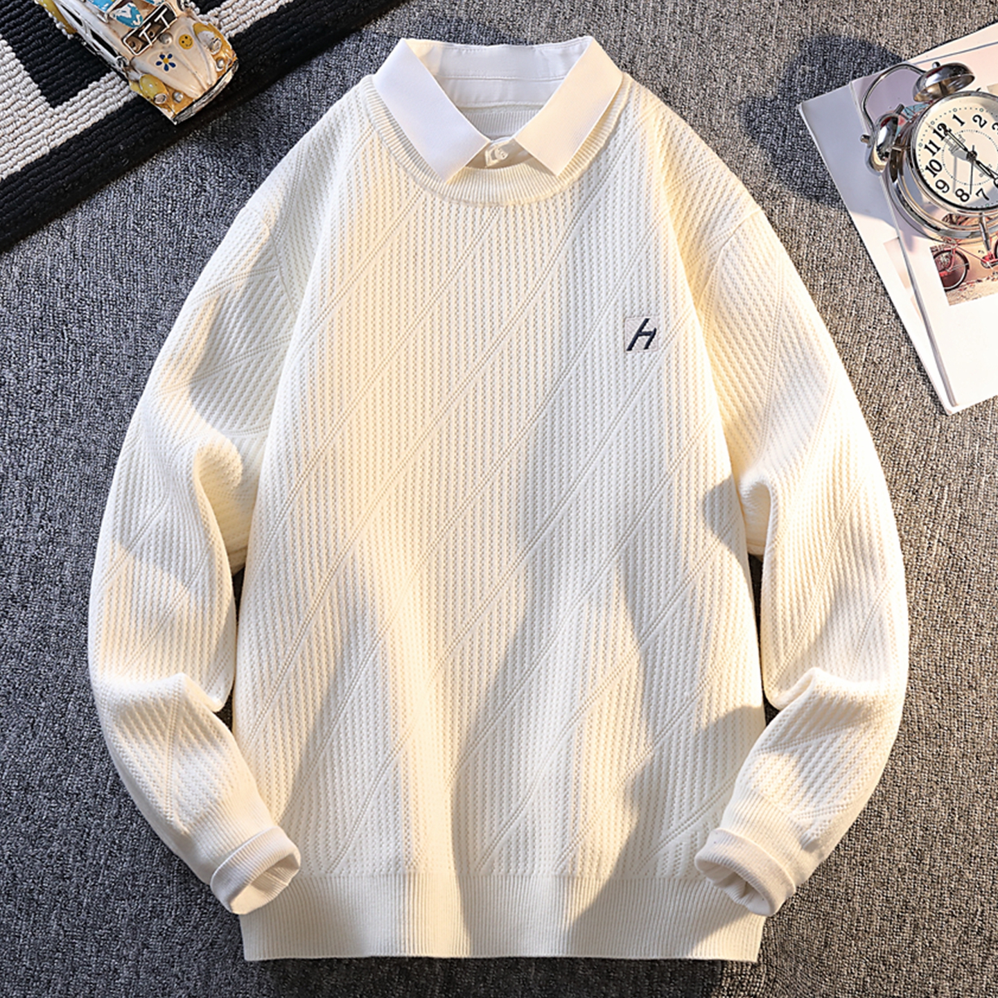 侨迪蒙拉高端刺绣男士衬衫领针织衫加厚保暖假两件内搭潮牌毛衣