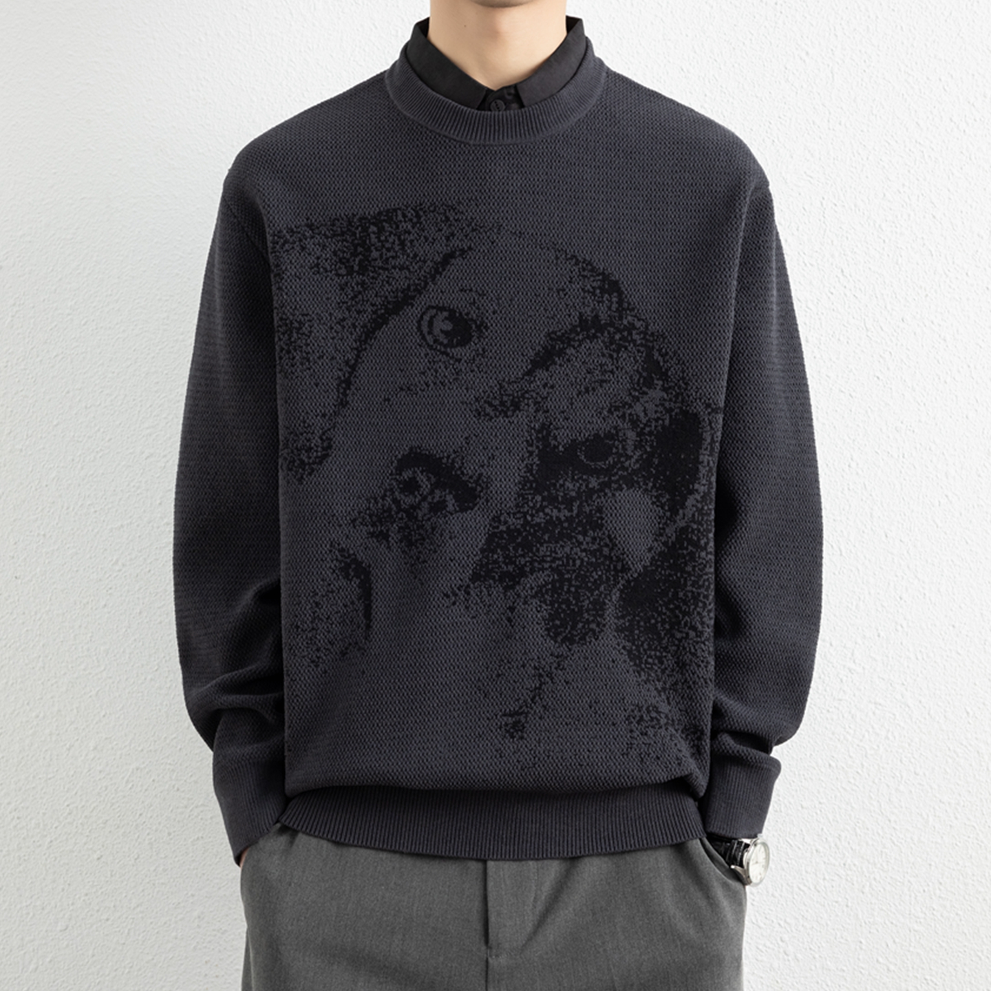 侨迪蒙拉高端提花肌理感男士假两件针织衫保暖衬衫领潮流毛衣内搭