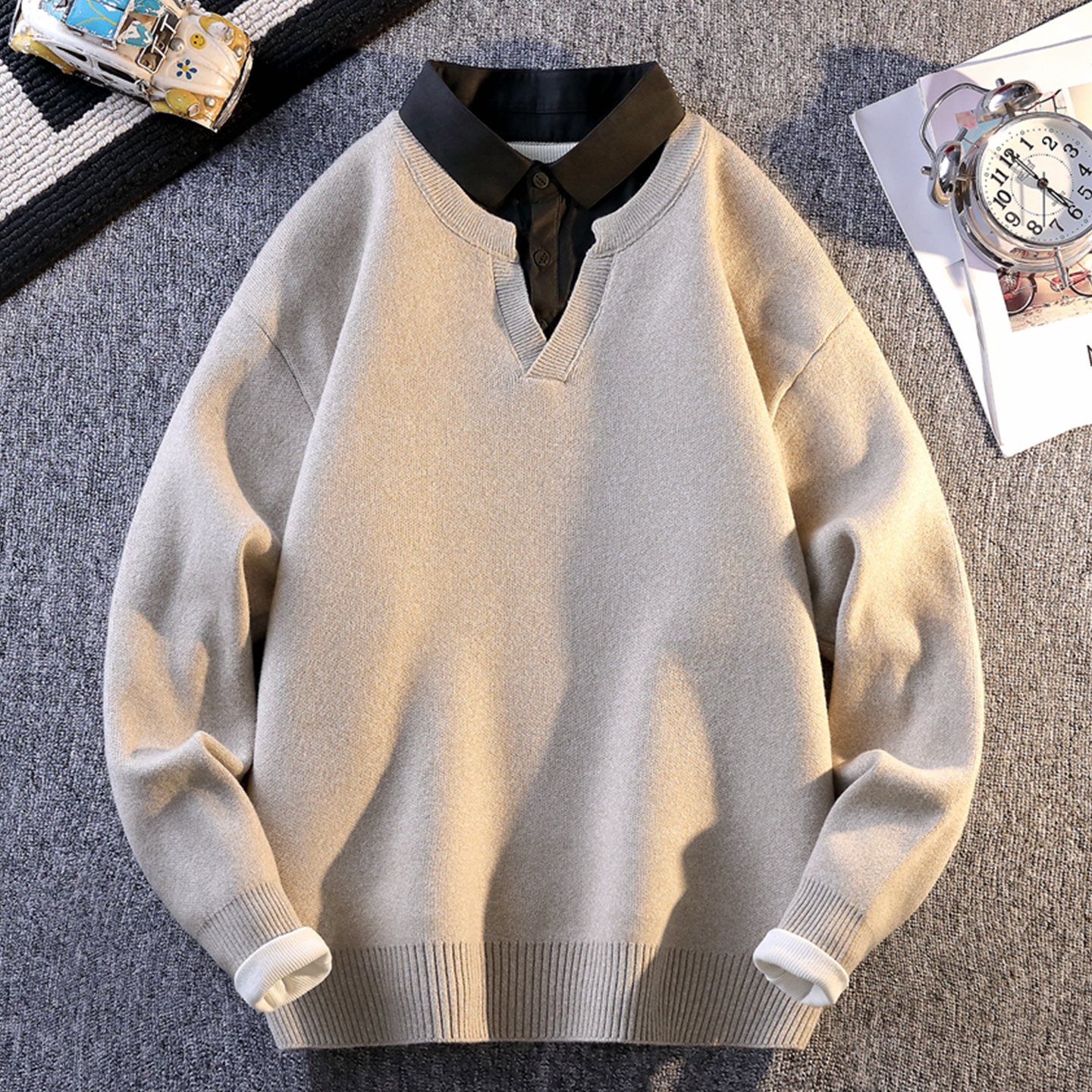 侨迪蒙拉高端肌理感衬衫领针织衫秋冬款保暖假两件内搭潮牌男毛衣