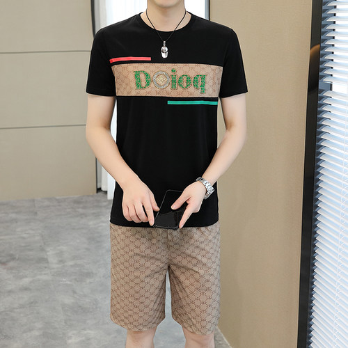 侨迪蒙拉男士夏季冰丝短袖T恤短裤套装速干轻奢潮牌两件套