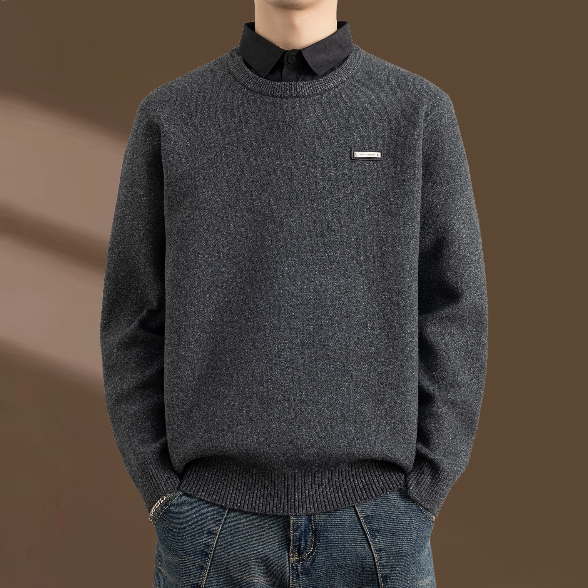 侨迪蒙拉秋冬季男高端花纱假两件衬衫领针织衫加厚保暖内搭毛衣