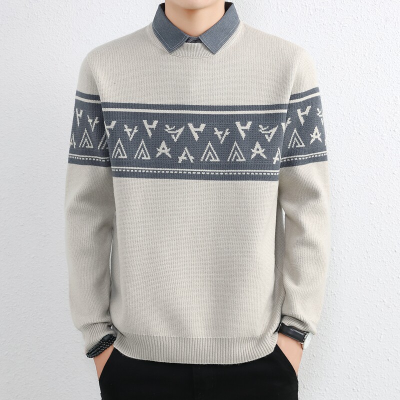 侨迪蒙拉高端潮牌秋冬季假两件男毛衣加厚保暖衬衫领有带领针织衫