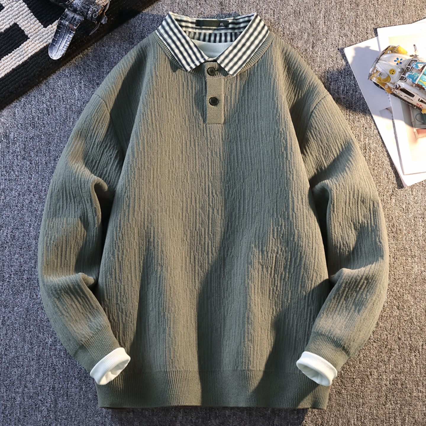 侨迪蒙拉秋冬季衬衫领男针织衫加厚保暖内搭高品质潮流假两件毛衣