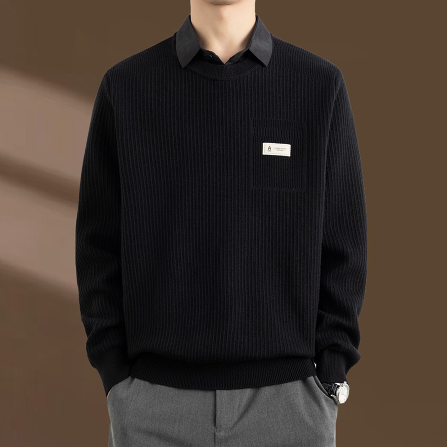 侨迪蒙拉假两件针织衫男保暖衬衫领线衣打底秋冬季高级感潮牌毛衣