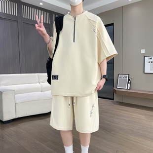 侨迪蒙拉夏季男半拉链短袖T恤短裤套装休闲运动一套帅气潮流穿搭