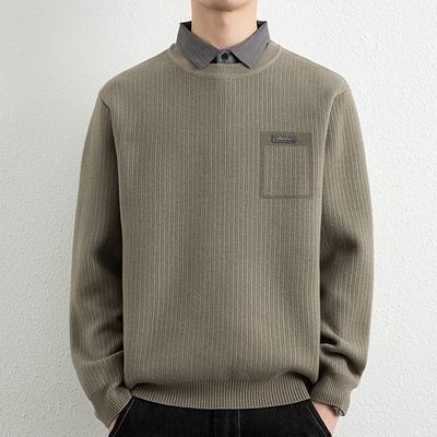 侨迪蒙拉轻奢男士秋冬季衬衫领加厚毛衣保暖潮牌假两件针织衫内搭