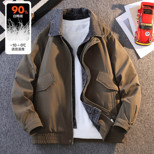 侨迪蒙拉高端品牌冬季短款假两件牛仔衬衫领羽绒服保暖工装男外套
