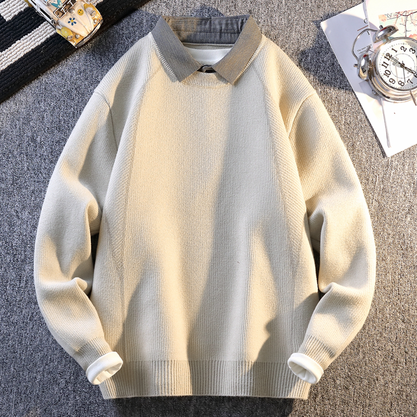 侨迪蒙拉轻奢假两件高品质针织衫加厚秋冬季衬衫领内搭潮流男毛衣 - 封面