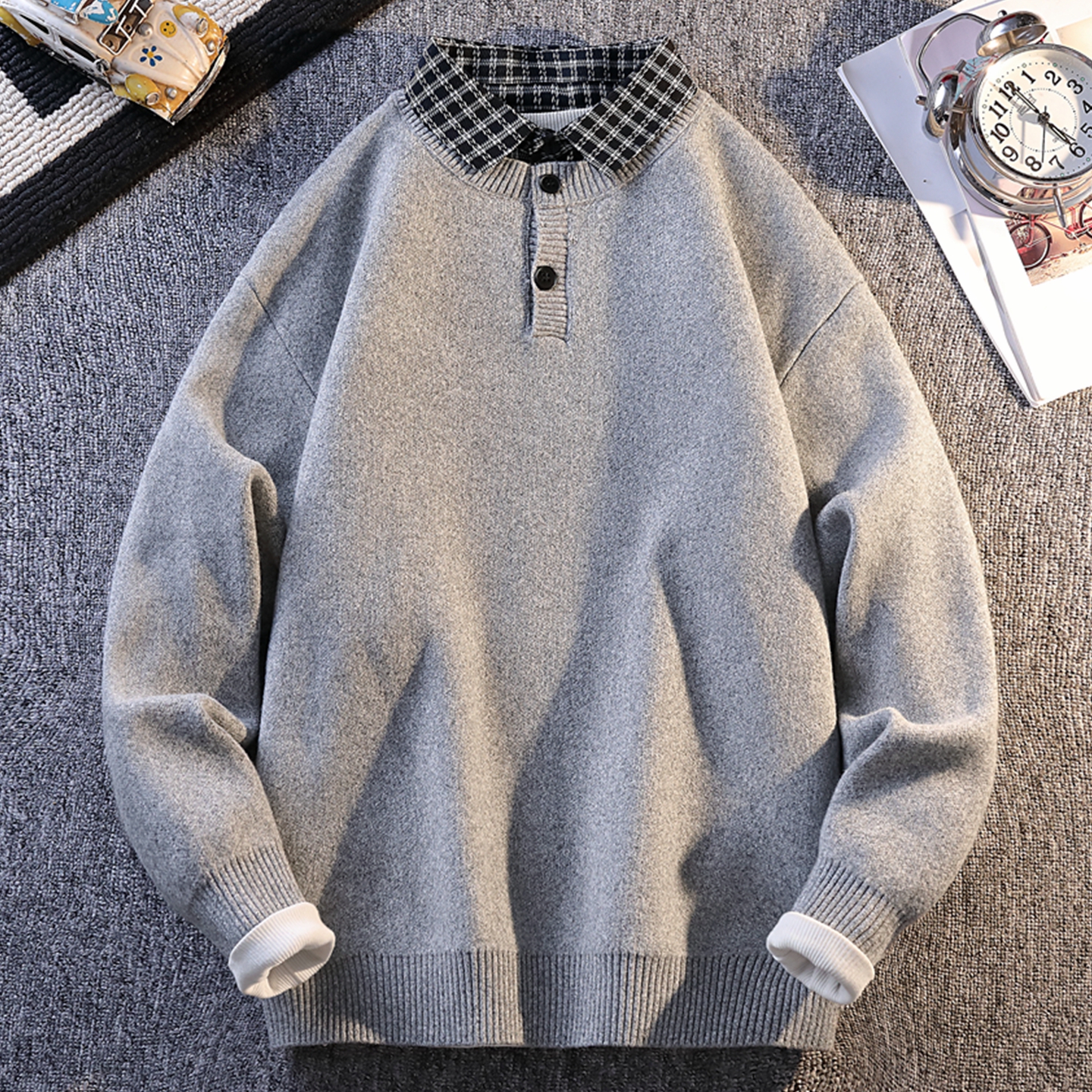 侨迪蒙拉高级感秋冬季假两件男士针织衫加厚内搭衬衫领潮牌毛衣