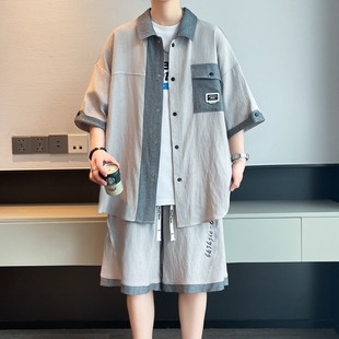 侨迪蒙拉时尚休闲风男士短袖衬衫短裤套装夏季潮牌两件套男装
