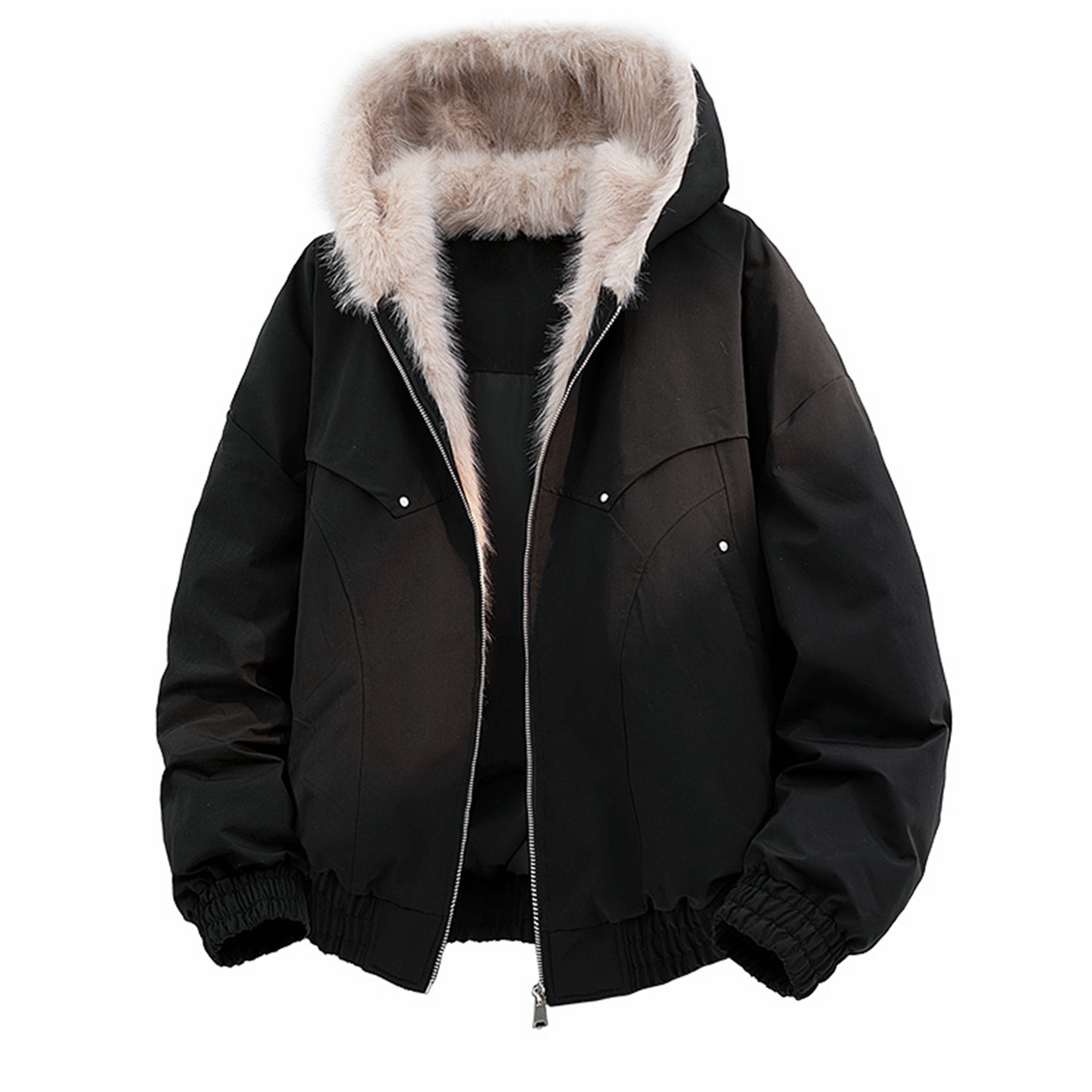 个性毛绒连帽秋冬季加棉保暖男夹克青少年学生加厚棉服潮牌外套