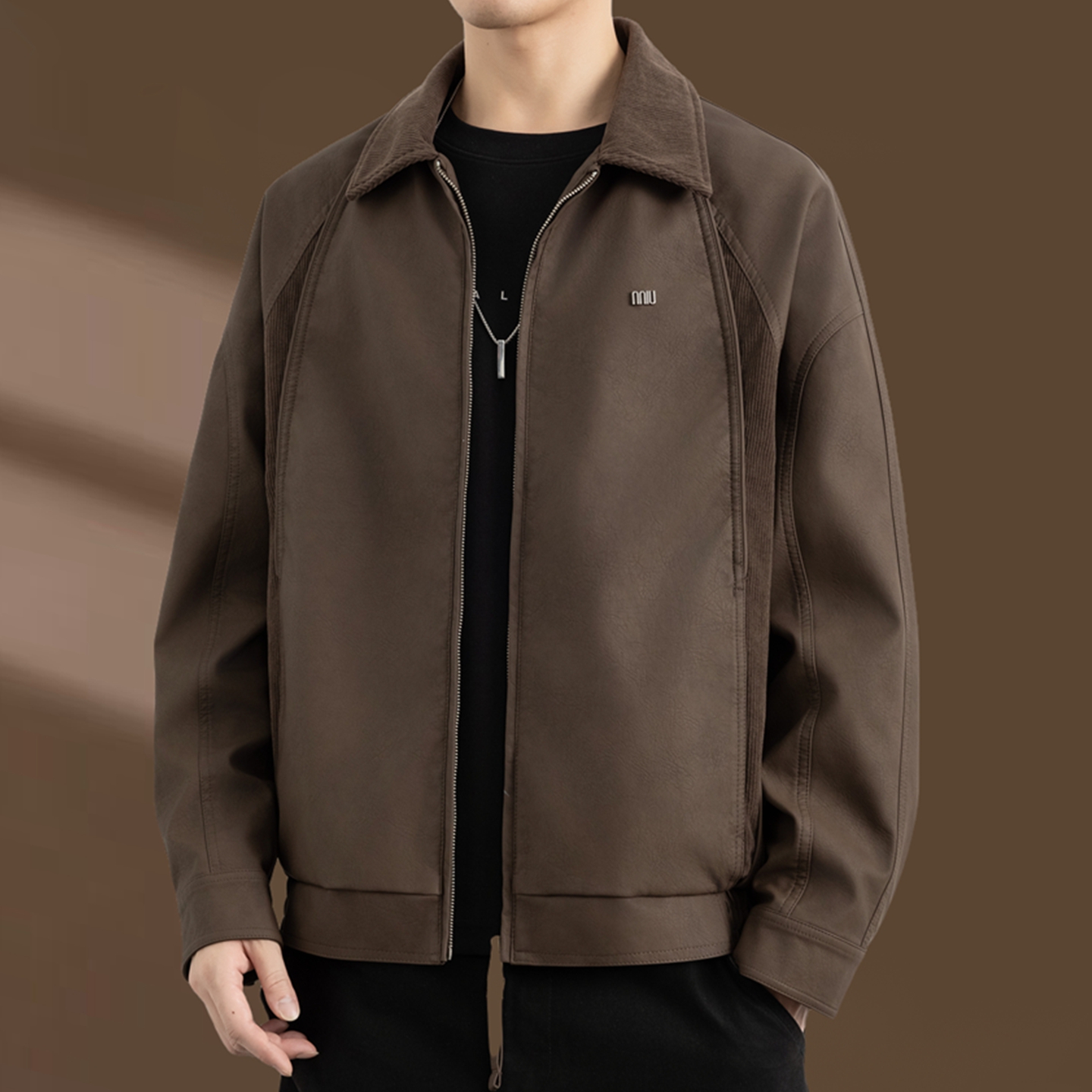 侨迪蒙拉翻领拼接男士PU皮夹克高级感皮衣秋冬季潮牌加厚保暖外套