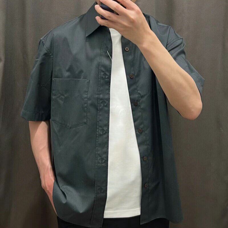 男装宽松5分袖格子衬衫467844