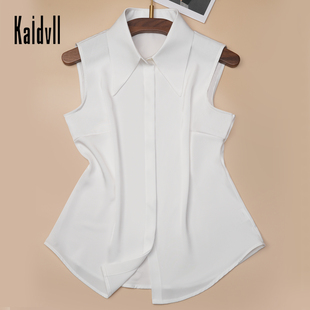 女士夏季 衬衫 设计感小众职业打底雪纺上衣缎面白色无袖 2025新款