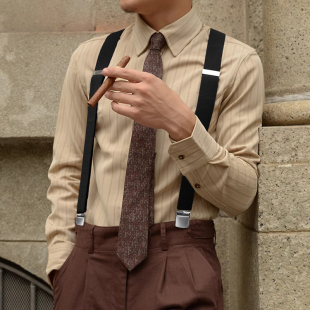 子防滑吊带男式 男士 老人裤 带胖人松紧加长弹力西裤 背带夹英伦吊裤