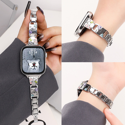 适用华为FIT3表带watchfit4新款可爱小狗彩钻个性腕带智能手表fit4Pro/2/1/new女生Kitty猫金属替换表链配件