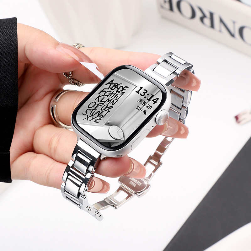 适用苹果S10手表表带iwatchs9新款蓝气球AppleWatch10同款s8金属s7蝴蝶扣腕带se代高级感小蛮腰女款表链配件