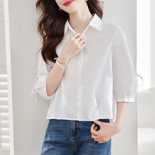 白衬衫女七分袖2026夏季新款灯笼袖上衣小个子短款纯棉衬衣