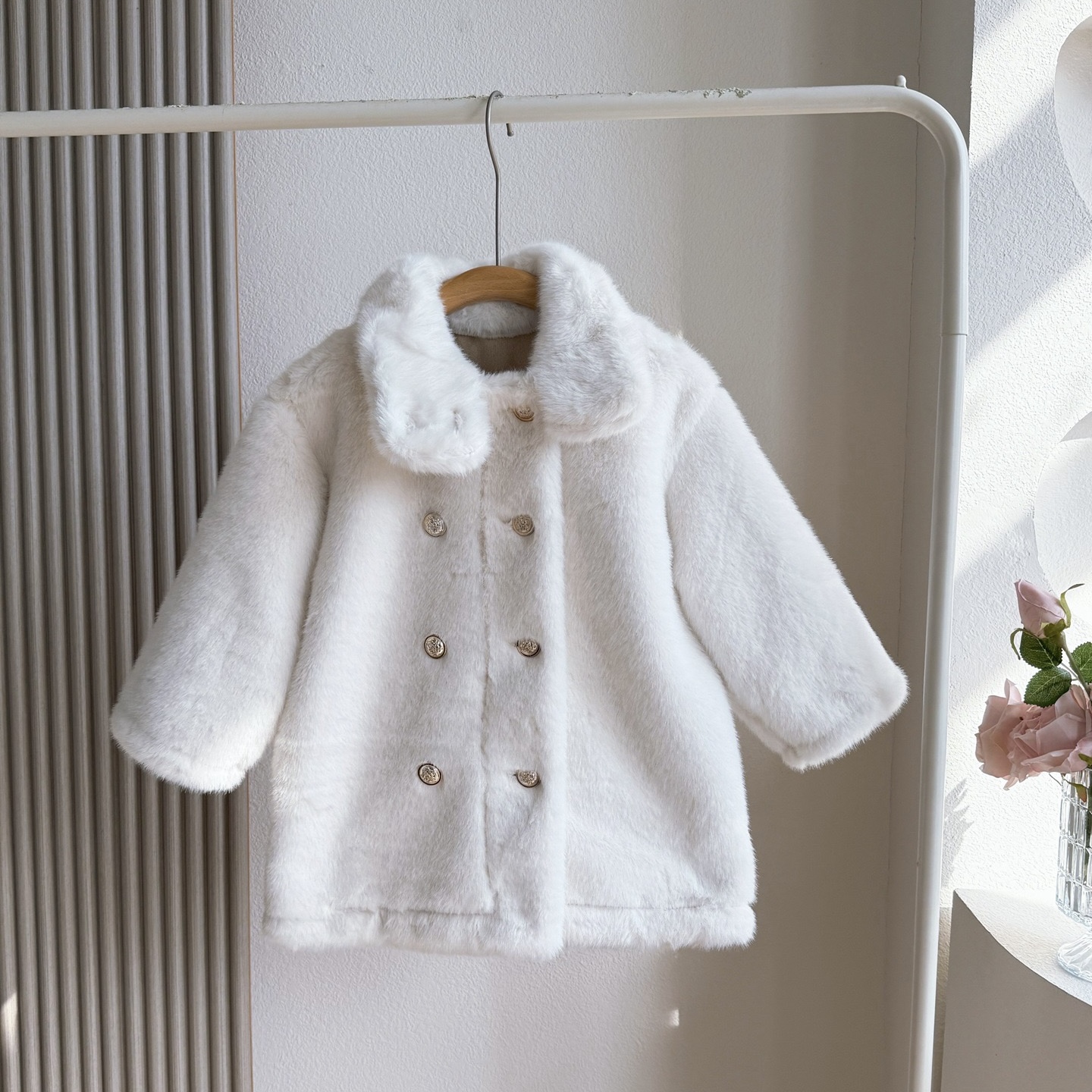 新年拜年服女童双排扣毛毛外套2025冬装儿童洋气立领保暖上衣大衣