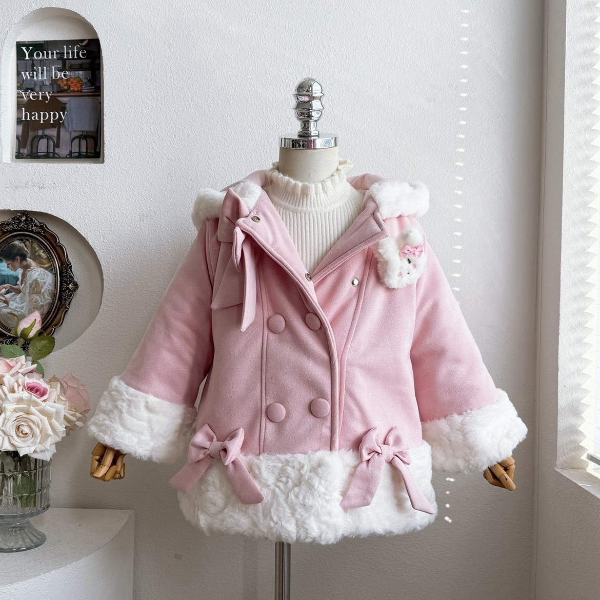 女童可爱兔耳朵连帽呢子大衣25冬装儿童毛毛拼接保暖棉服洋气外套