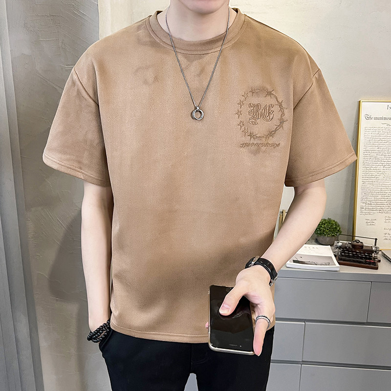 夏季2023新款短袖T恤潮牌麂皮绒刺绣男装半袖A313-5625-P48控价69图片