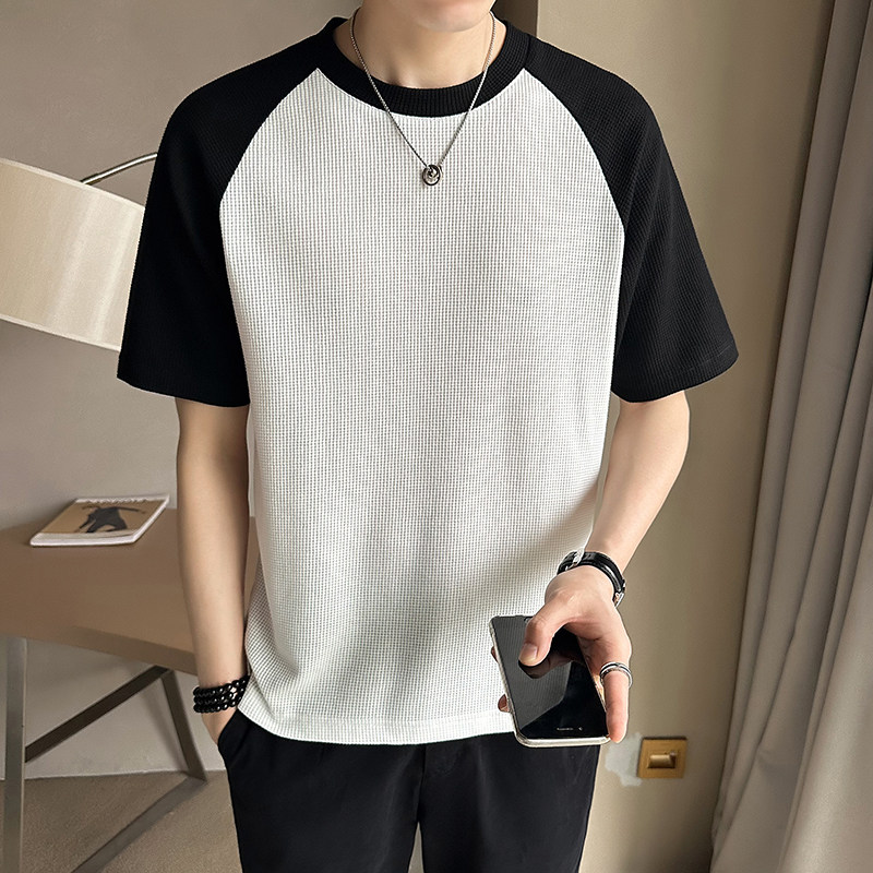 2023新款夏季短袖T恤男潮牌华夫格拼接半袖体恤A313-32342-P38,男装T恤,电商A313