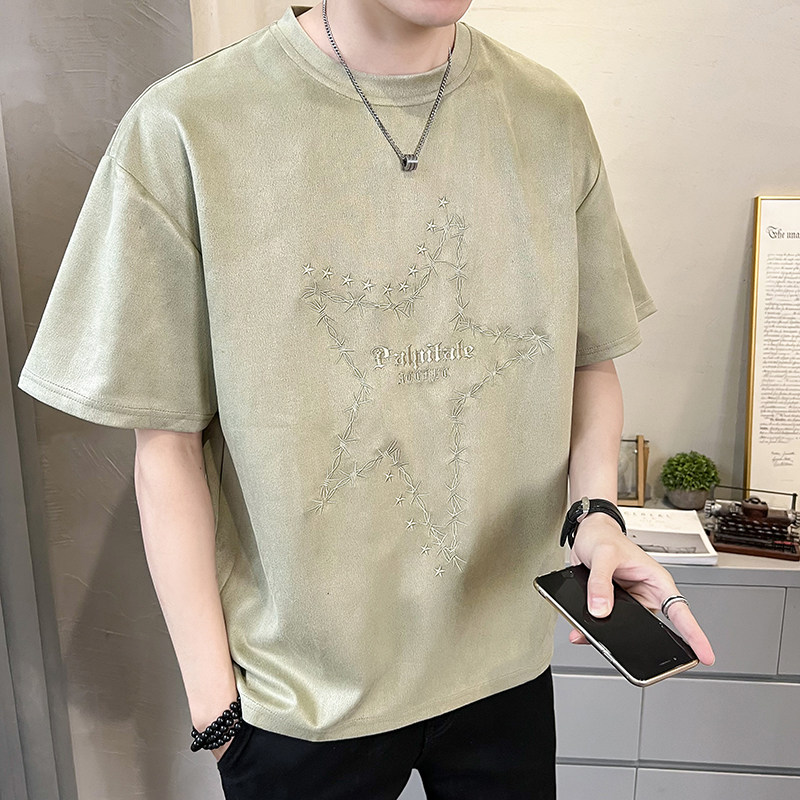 2023新款夏季短袖T恤麂皮绒潮牌刺绣男装半袖A313-5623-P48控价69,男装T恤,电商A313