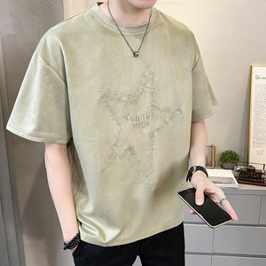 2023新款夏季短袖T恤麂皮绒潮牌刺绣男装半袖A313-5623-P48控价69图片