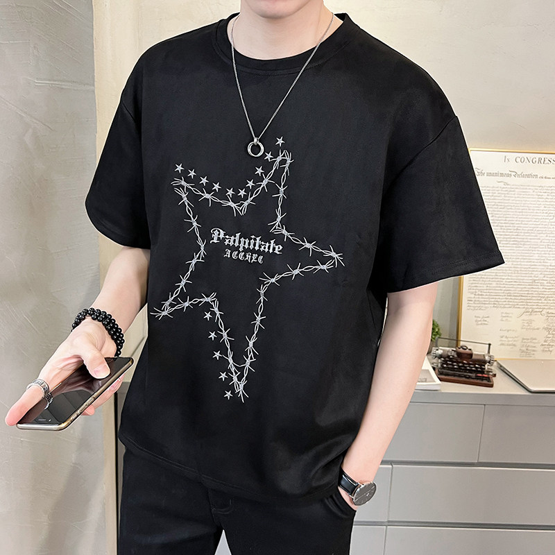 2023新款夏季短袖T恤麂皮绒潮牌刺绣男装半袖A313-5623-P48控价69,男装T恤,电商A313