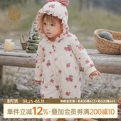 乖奇熊女宝宝夹棉连体衣冬季 保暖加厚婴幼儿连帽哈衣爬服可爱超萌